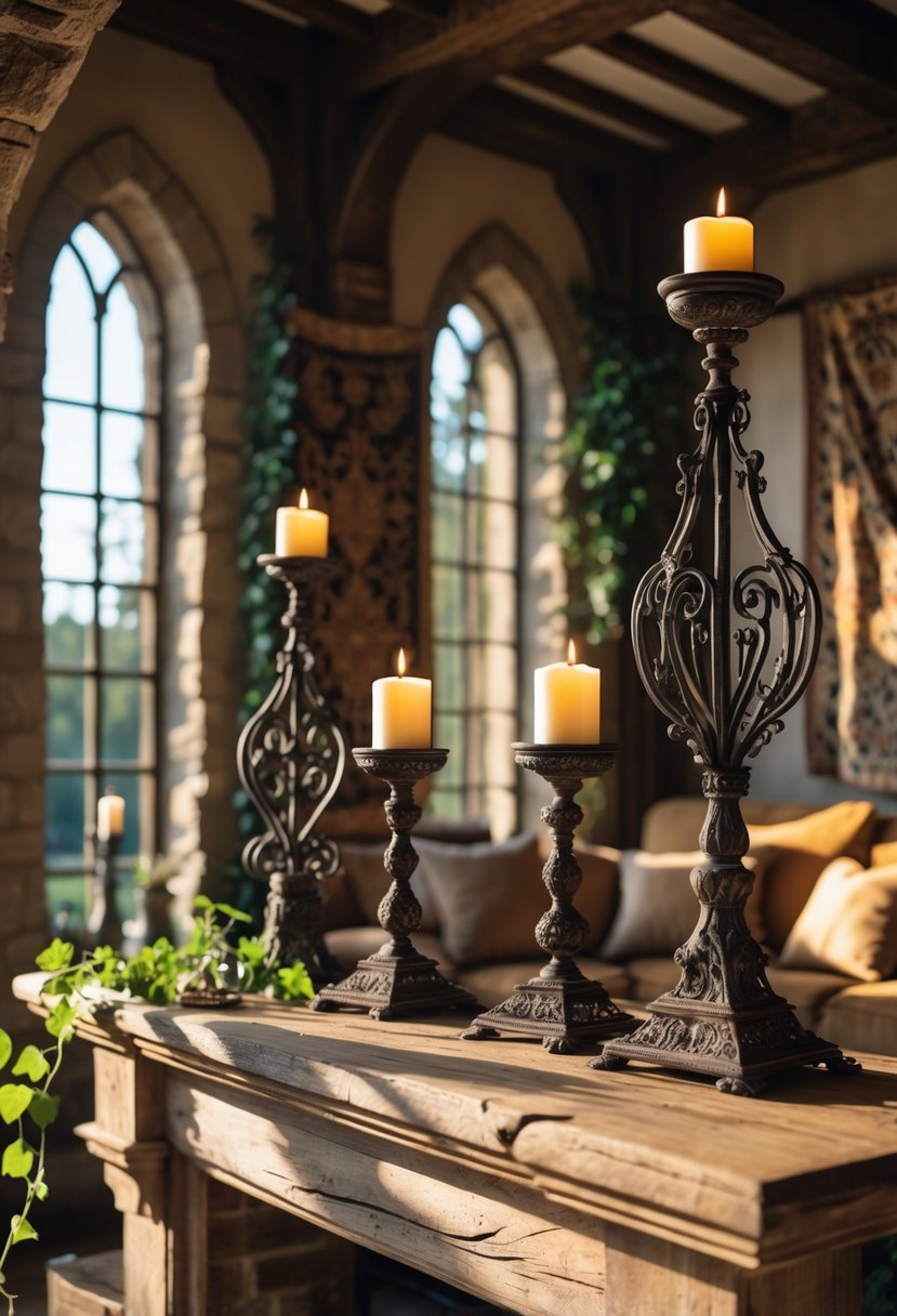 21 Castlecore Living Room Inspiration Ideas for a Timeless Aesthetic 6 A living room with wrought iron candle holders on a wooden mantel, surrounded by antique furniture, stone-framed windows, and warm natural light.