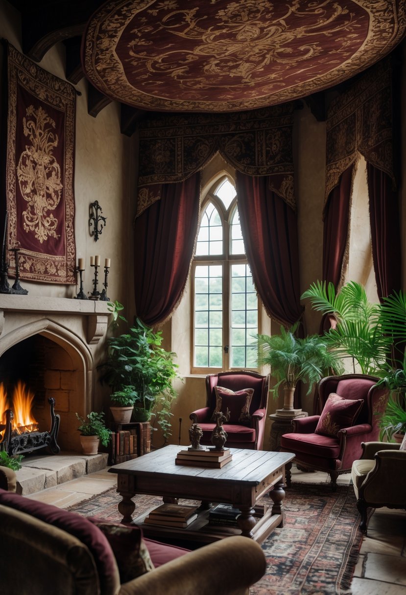21 Castlecore Living Room Inspiration Ideas for a Timeless Aesthetic 7 A living room with heavy tapestry wall hangings, antique wooden furniture, a stone fireplace, and plush armchairs arranged around a wooden coffee table.