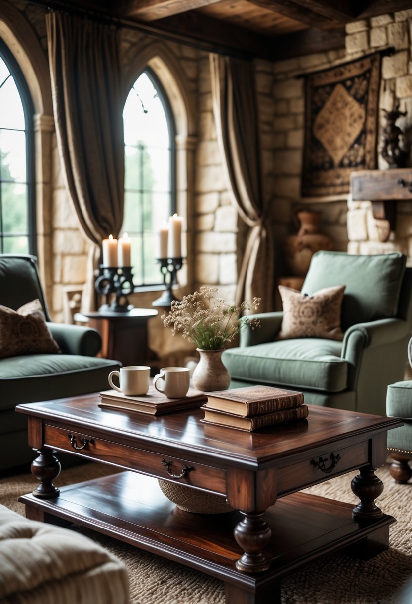 21 Castlecore Living Room Inspiration Ideas for a Timeless Aesthetic 8 A living room with dark wooden coffee tables surrounded by comfortable chairs, a textured rug, and decorative items on the tables, with stone walls and wooden beams in the background.