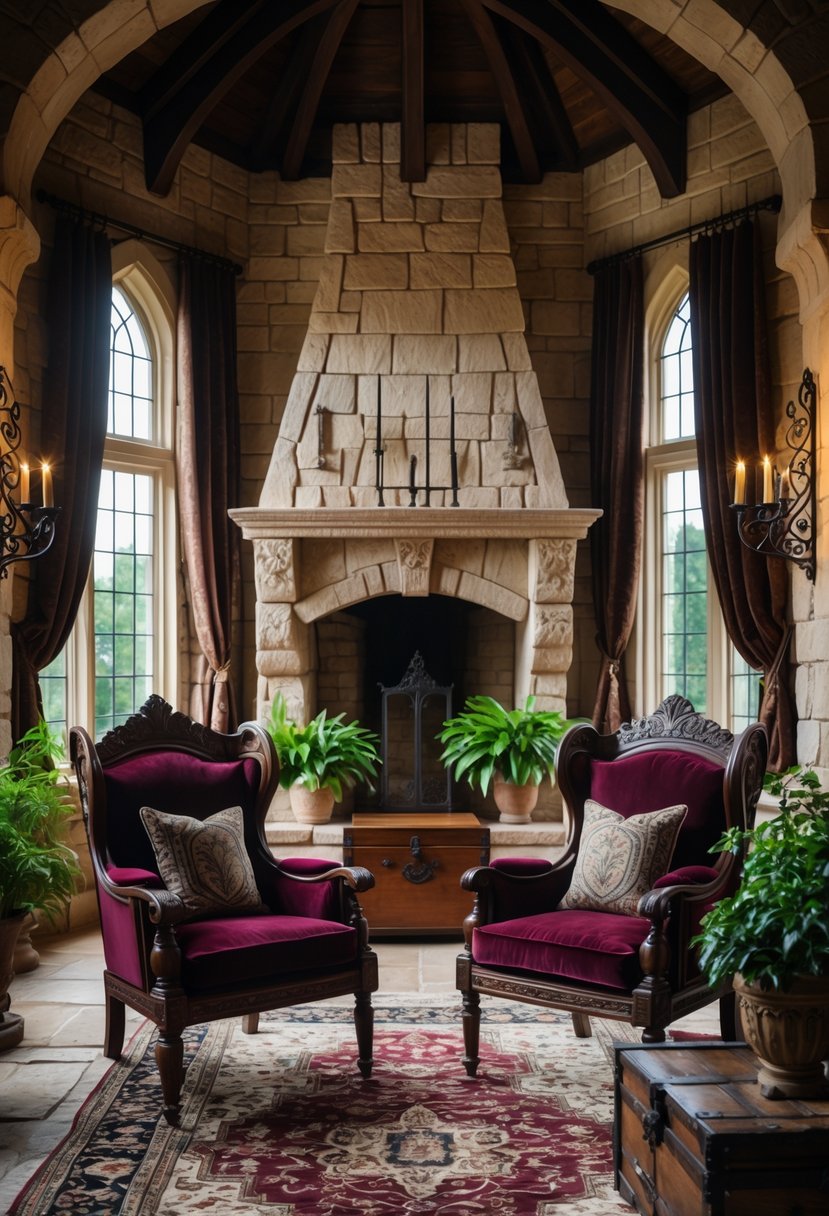 21 Castlecore Living Room Inspiration Ideas for a Timeless Aesthetic 9 A living room with two ornate armchairs, a stone fireplace, tall arched windows, and decorative plants.