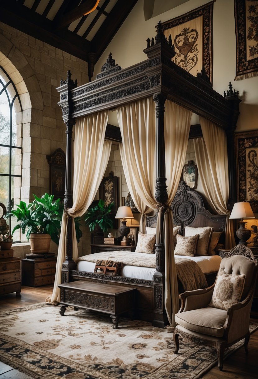 21 Castlecore Living Room Inspiration Ideas for a Timeless Aesthetic 10 A spacious living room with a dark wooden four-poster canopy bed surrounded by antique furniture, stone walls, large arched windows, and decorative plants.