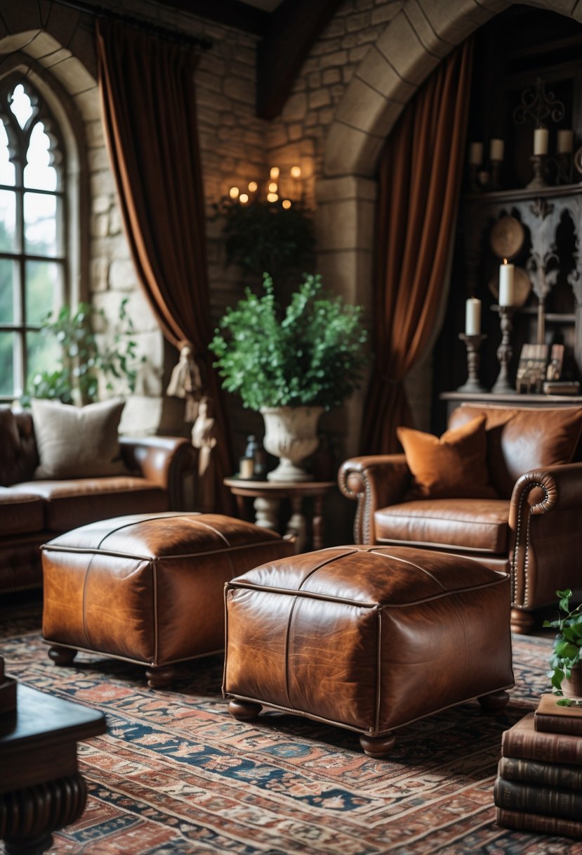 21 Castlecore Living Room Inspiration Ideas for a Timeless Aesthetic 11 A living room with vintage leather ottomans, wooden furniture, patterned rug, and castle-inspired decor.
