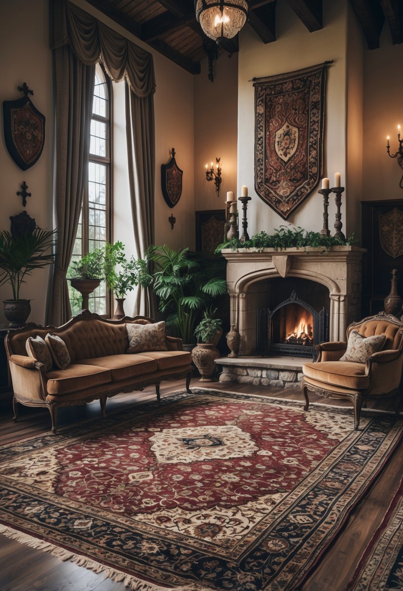 21 Castlecore Living Room Inspiration Ideas for a Timeless Aesthetic 12 A living room with handwoven Persian rugs on the floor, vintage furniture, a stone fireplace, tall windows, and decorative medieval-inspired elements.