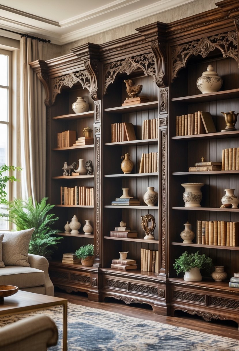 21 Castlecore Living Room Inspiration Ideas for a Timeless Aesthetic 13 A living room with intricately carved wooden shelves filled with books and decorative items, illuminated by natural light.