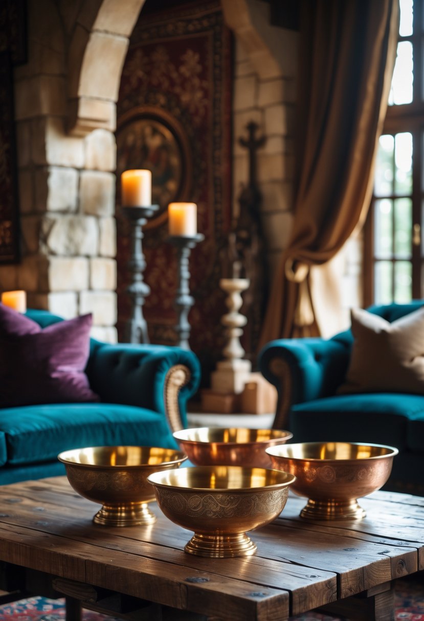 21 Castlecore Living Room Inspiration Ideas for a Timeless Aesthetic 15 A living room with brass and copper decorative bowls on a wooden coffee table surrounded by armchairs and medieval-inspired decor.