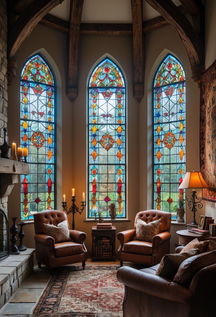 21 Castlecore Living Room Inspiration Ideas for a Timeless Aesthetic 16 A cozy living room with stained glass windows, wooden beams, a stone fireplace, and comfortable seating.