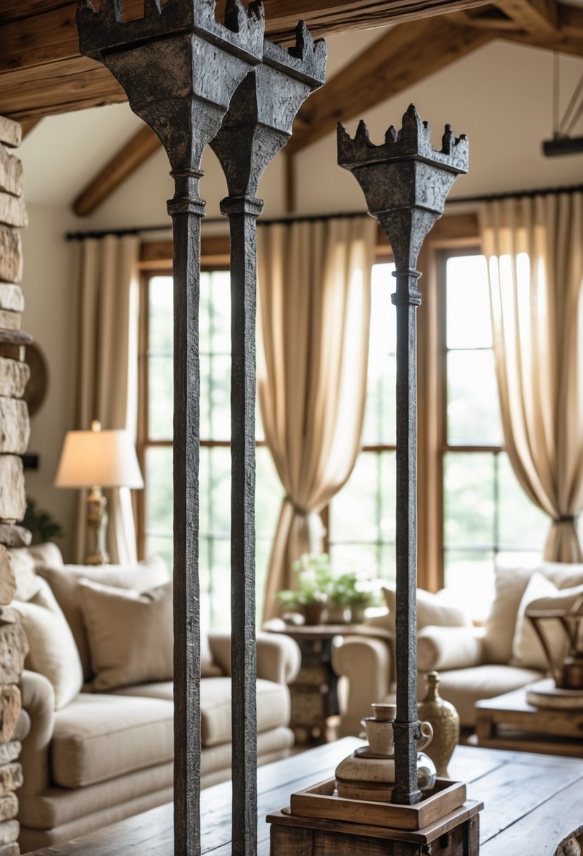 21 Castlecore Living Room Inspiration Ideas for a Timeless Aesthetic 17 Living room with large windows featuring rustic iron curtain rods and soft curtains, warm wooden furniture, and natural light.