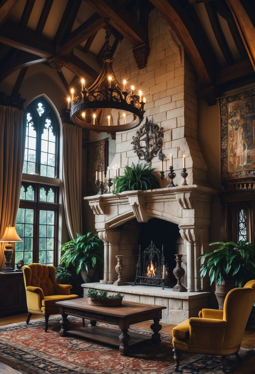 21 Castlecore Living Room Inspiration Ideas for a Timeless Aesthetic 18 A grand living room with a large stone fireplace mantel, wooden beams, a velvet armchair, and decorative medieval-style elements.