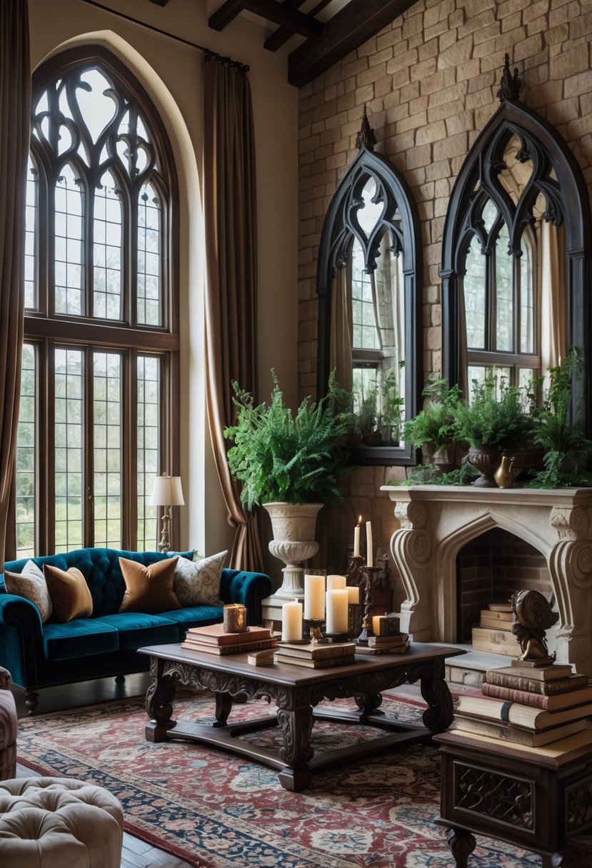21 Castlecore Living Room Inspiration Ideas for a Timeless Aesthetic 19 A living room with large arched mirrors, a velvet sofa, wooden furniture, and decorative candles and plants.