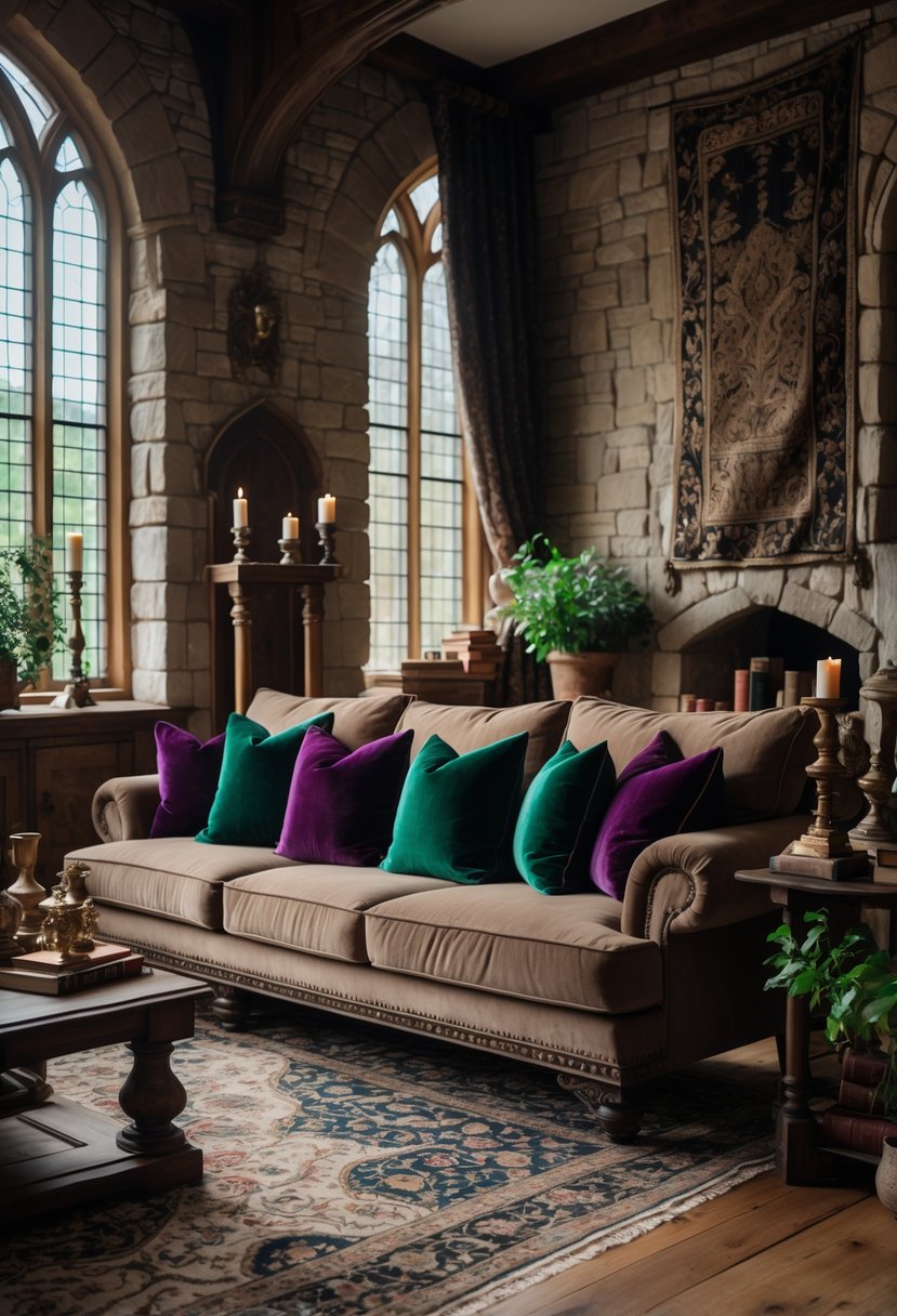 21 Castlecore Living Room Inspiration Ideas for a Timeless Aesthetic 20 A cozy living room with a sofa covered in velvet throw pillows, surrounded by wooden furniture, stone walls, and decorative medieval-style accents.