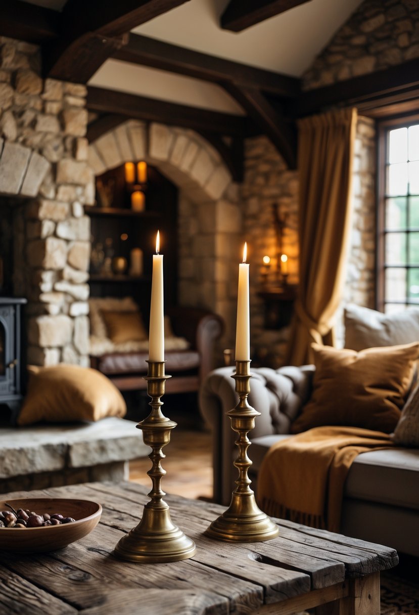 21 Castlecore Living Room Inspiration Ideas for a Timeless Aesthetic 21 A cozy living room with two burning taper candles in antique holders on a wooden table, surrounded by stone walls and warm furnishings.