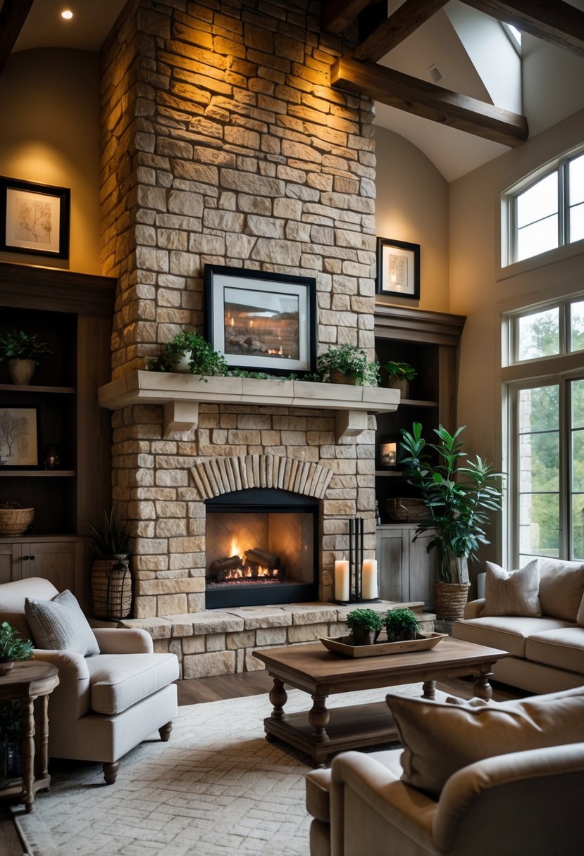 21 Castlecore Living Room Inspiration Ideas for a Timeless Aesthetic 22 A living room with a stone or brick fireplace surrounded by sofas, a coffee table, plants, and natural light from large windows.