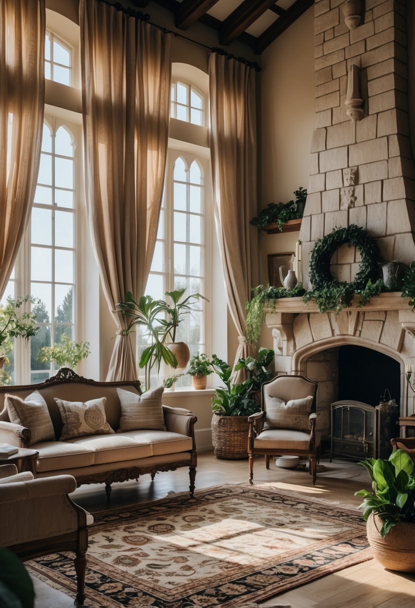 21 Castlecore Living Room Inspiration Ideas for a Timeless Aesthetic 23 A living room with heavy linen drapes, wooden furniture, a stone fireplace, and plants.