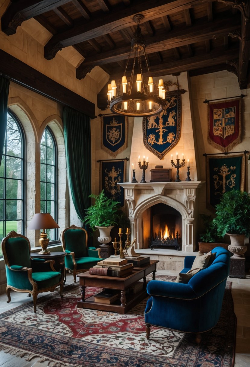 21 Castlecore Living Room Inspiration Ideas for a Timeless Aesthetic 24 A spacious living room with stone walls, arched windows, wooden beams, a fireplace, vintage furniture, tapestries, and decorative plants.