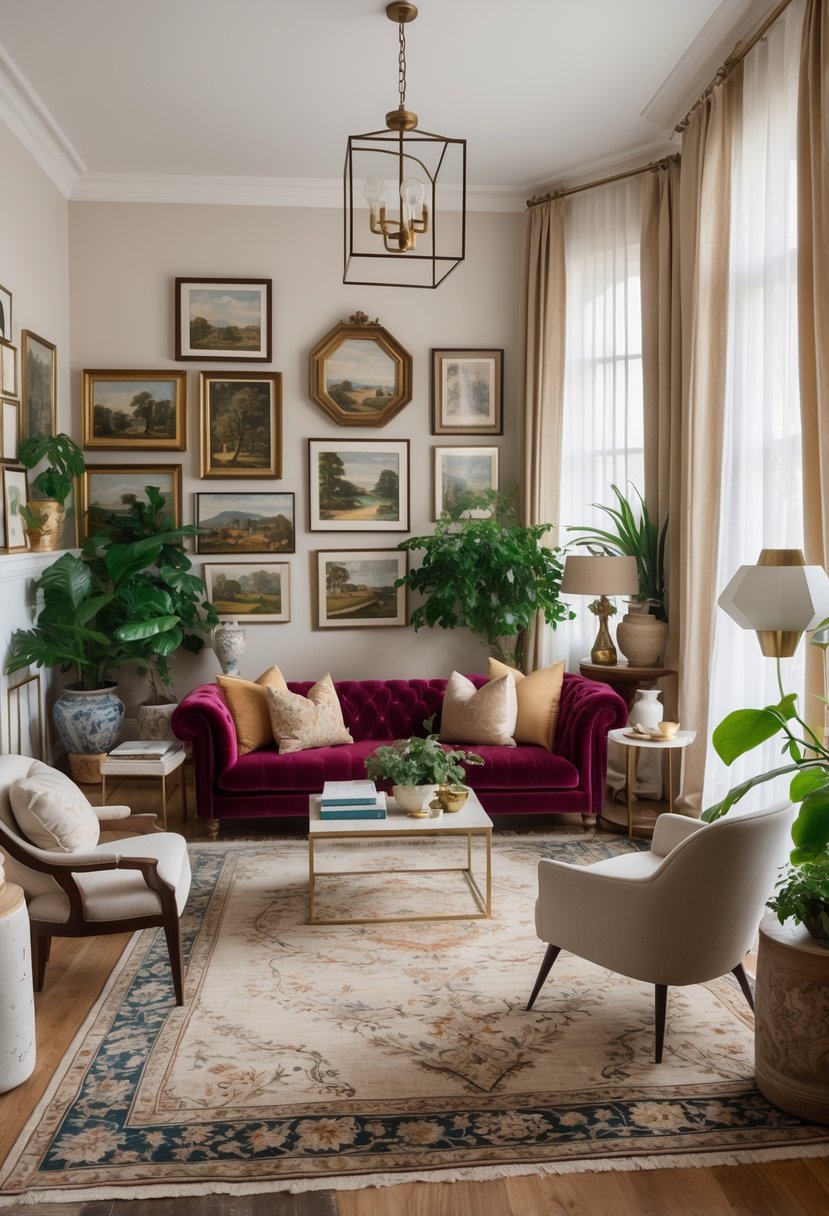 21 Castlecore Living Room Inspiration Ideas for a Timeless Aesthetic 25 A bright living room with a mix of classic and modern furniture, plants, and decorative art on the walls.