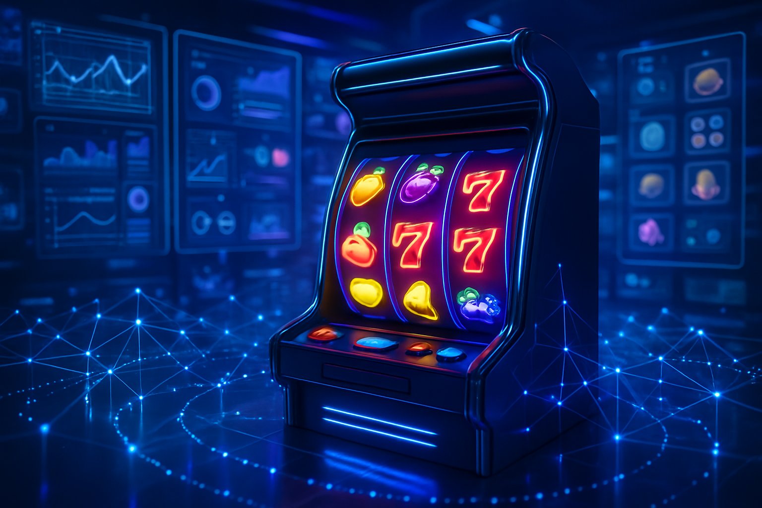 Sebuah mesin slot modern dengan layar digital dan simbol berwarna cerah, dikelilingi oleh aliran data holografis dan layar transparan yang menampilkan grafik dan ikon permainan.