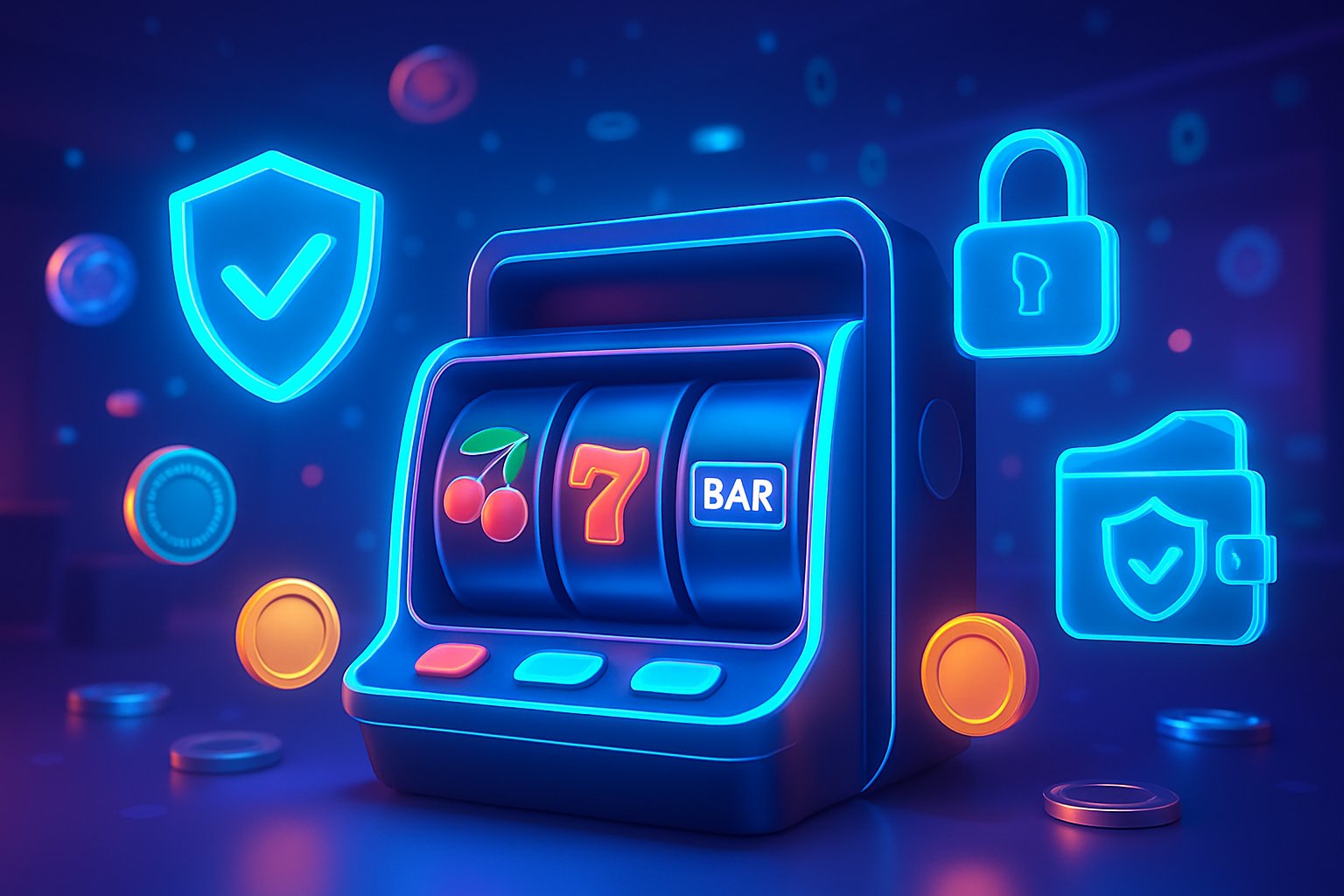 Sebuah mesin slot digital dengan simbol klasik dan ikon keamanan di sekitarnya di dalam ruangan kasino virtual.
