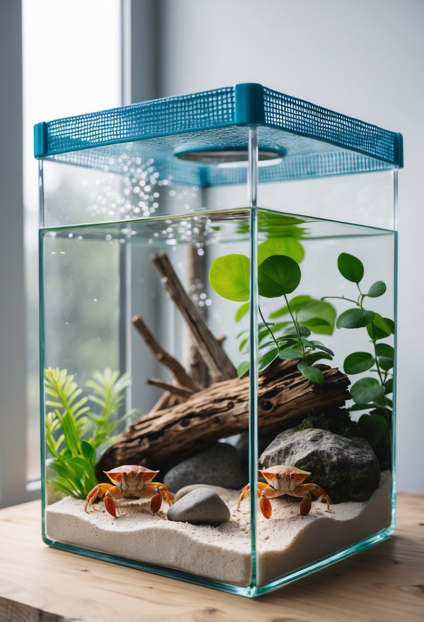 A glass aquarium with a secure mesh lid containing a natural hermit crab habitat with sand, rocks, driftwood, and plants.