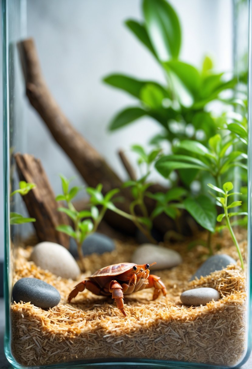 A glass tank lined with natural coconut fiber substrate, containing small stones, driftwood, and green plants for a hermit crab habitat.