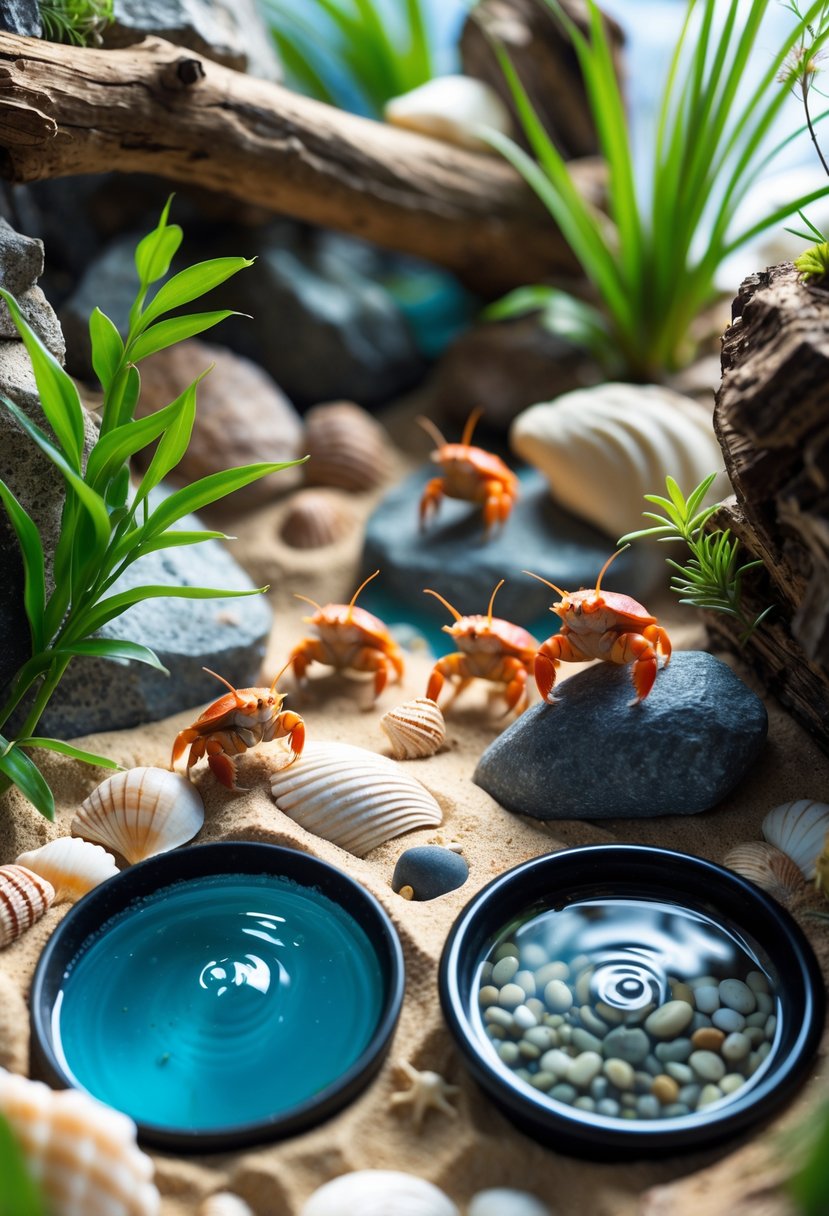 A hermit crab habitat with sand, shells, plants, and two shallow water dishes containing fresh and saltwater, with hermit crabs exploring the environment.