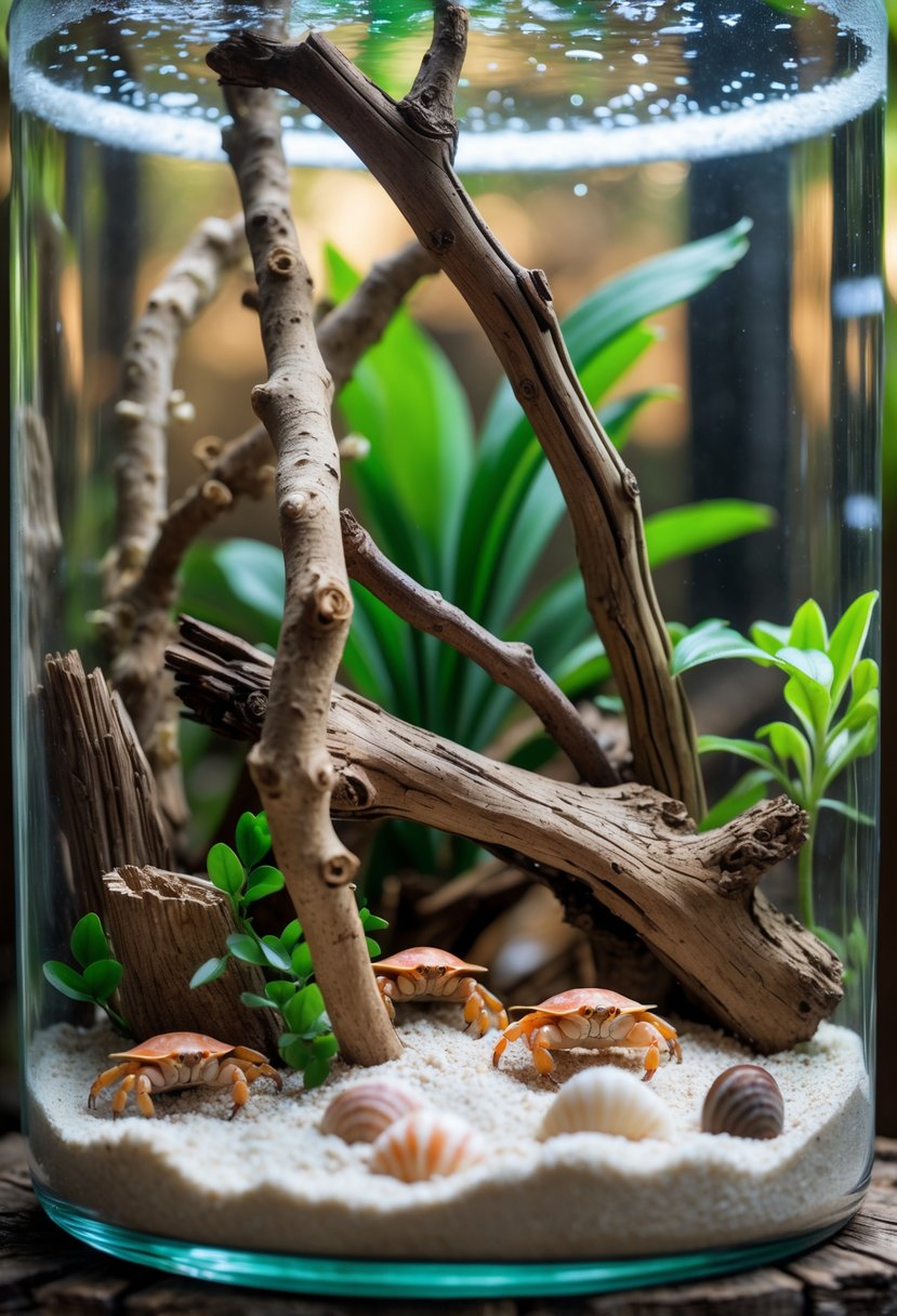 A hermit crab habitat with climbing branches, driftwood, sand, seashells, and tropical plants inside a glass terrarium.
