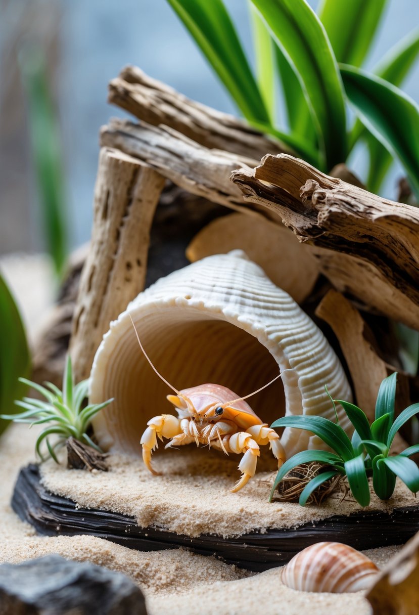 A small hermit crab habitat with sandy ground, tropical plants, driftwood, and a cozy hideout shell or cave for privacy.