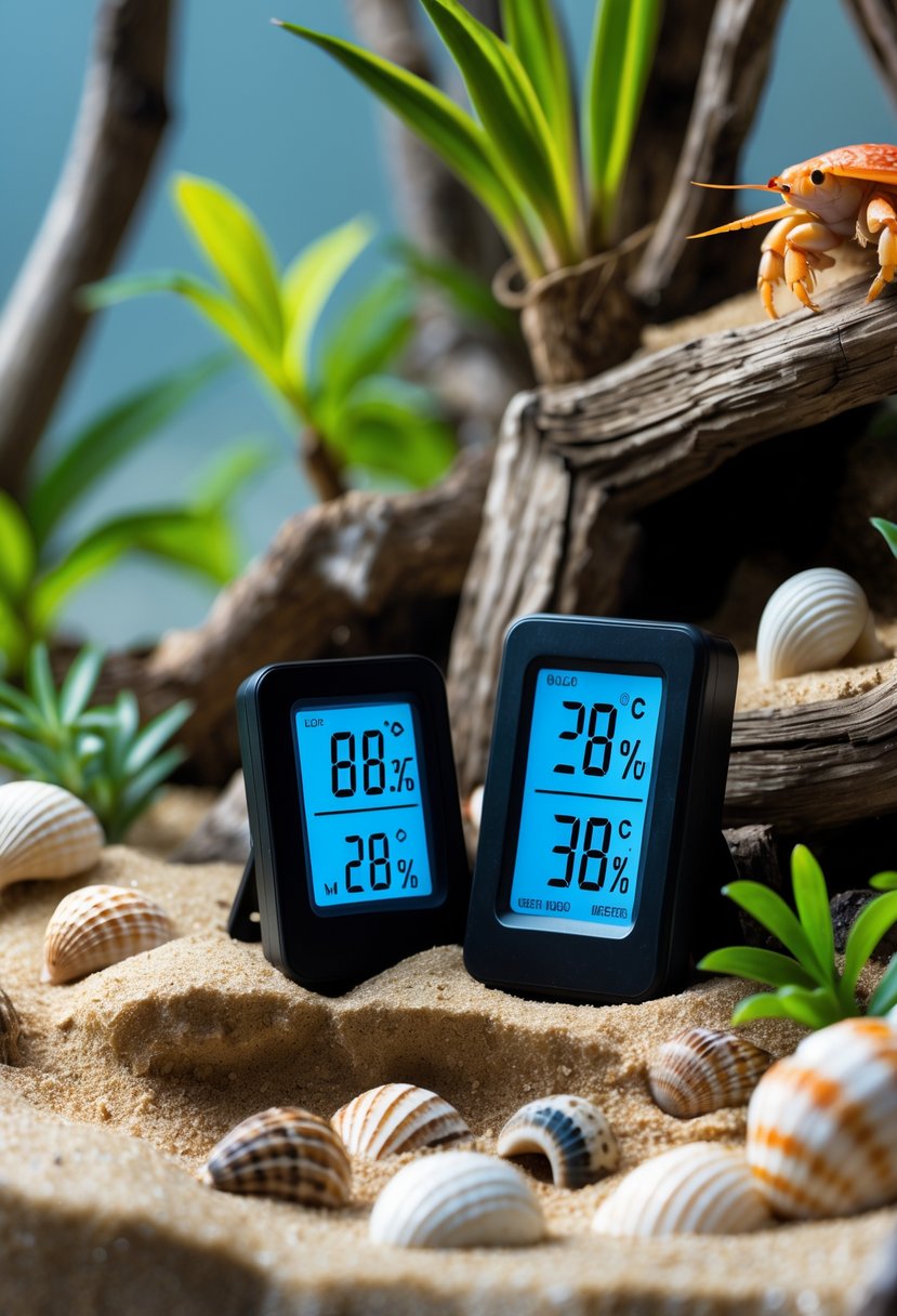 Close-up of a digital hygrometer and thermometer inside a hermit crab habitat with sand, shells, driftwood, and plants.