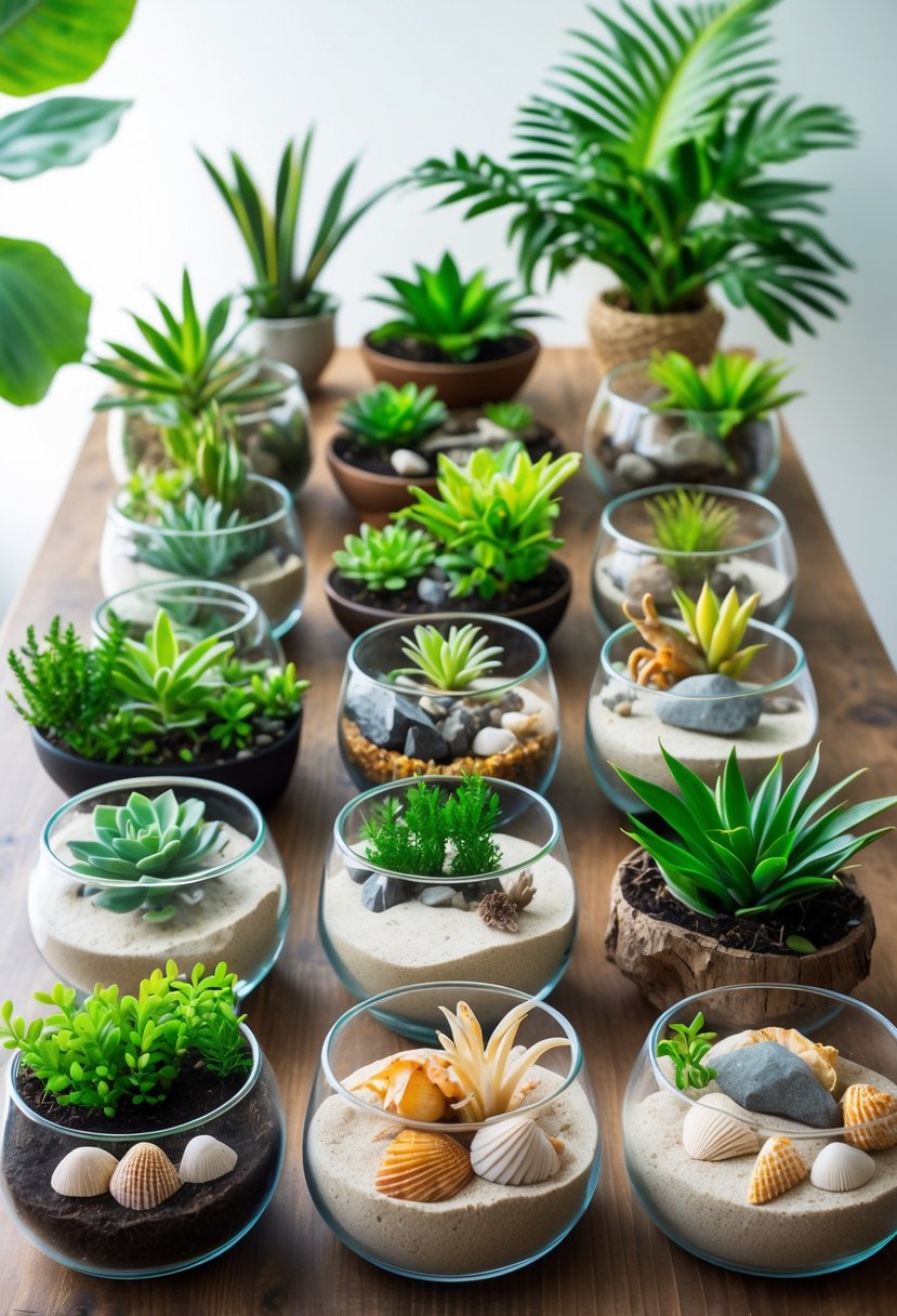 Twelve small hermit crab habitats with plants, sand, shells, and water dishes arranged on a wooden table.