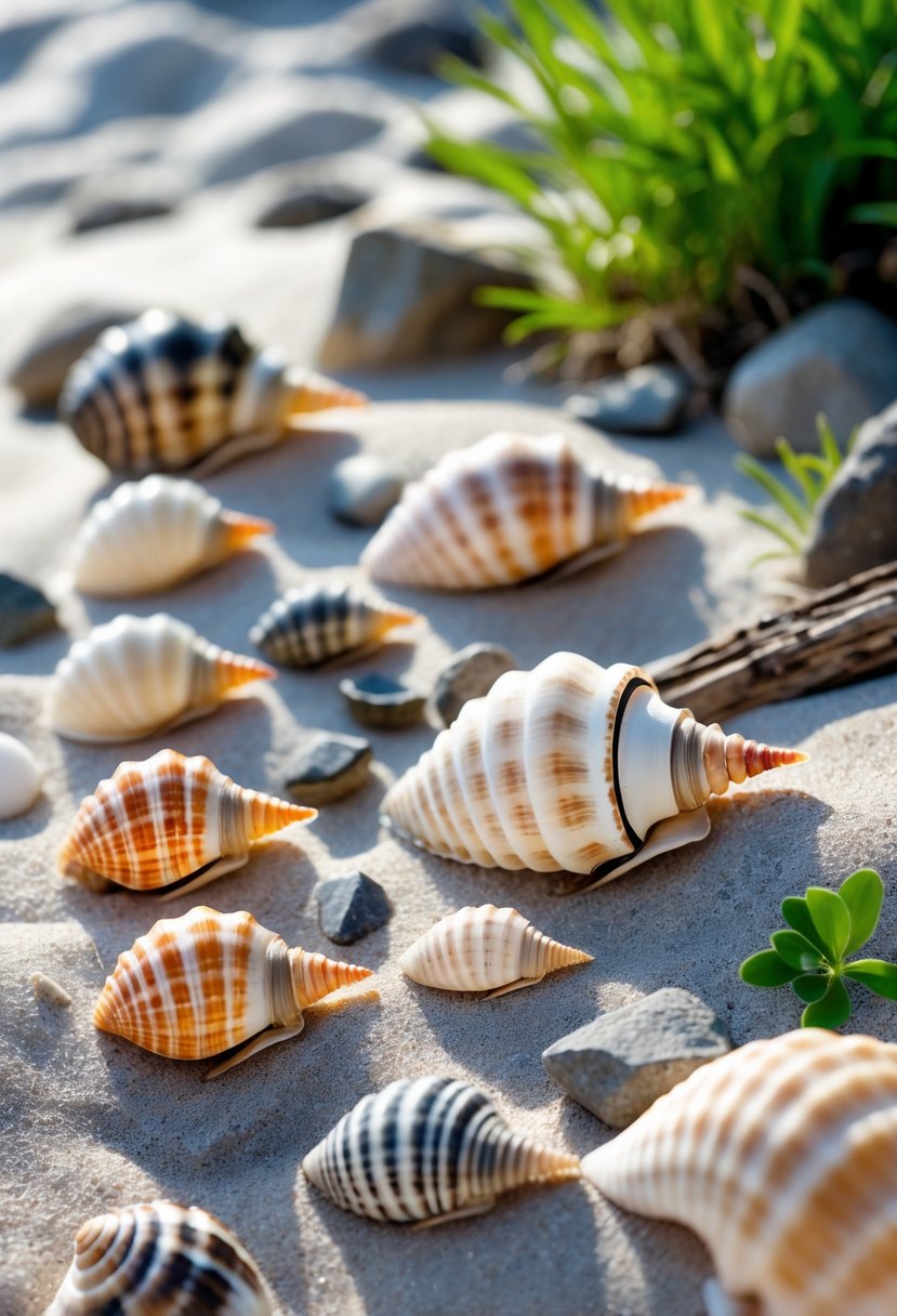 A collection of hermit crab shells of different sizes arranged on sand with natural habitat materials like driftwood, rocks, and plants.