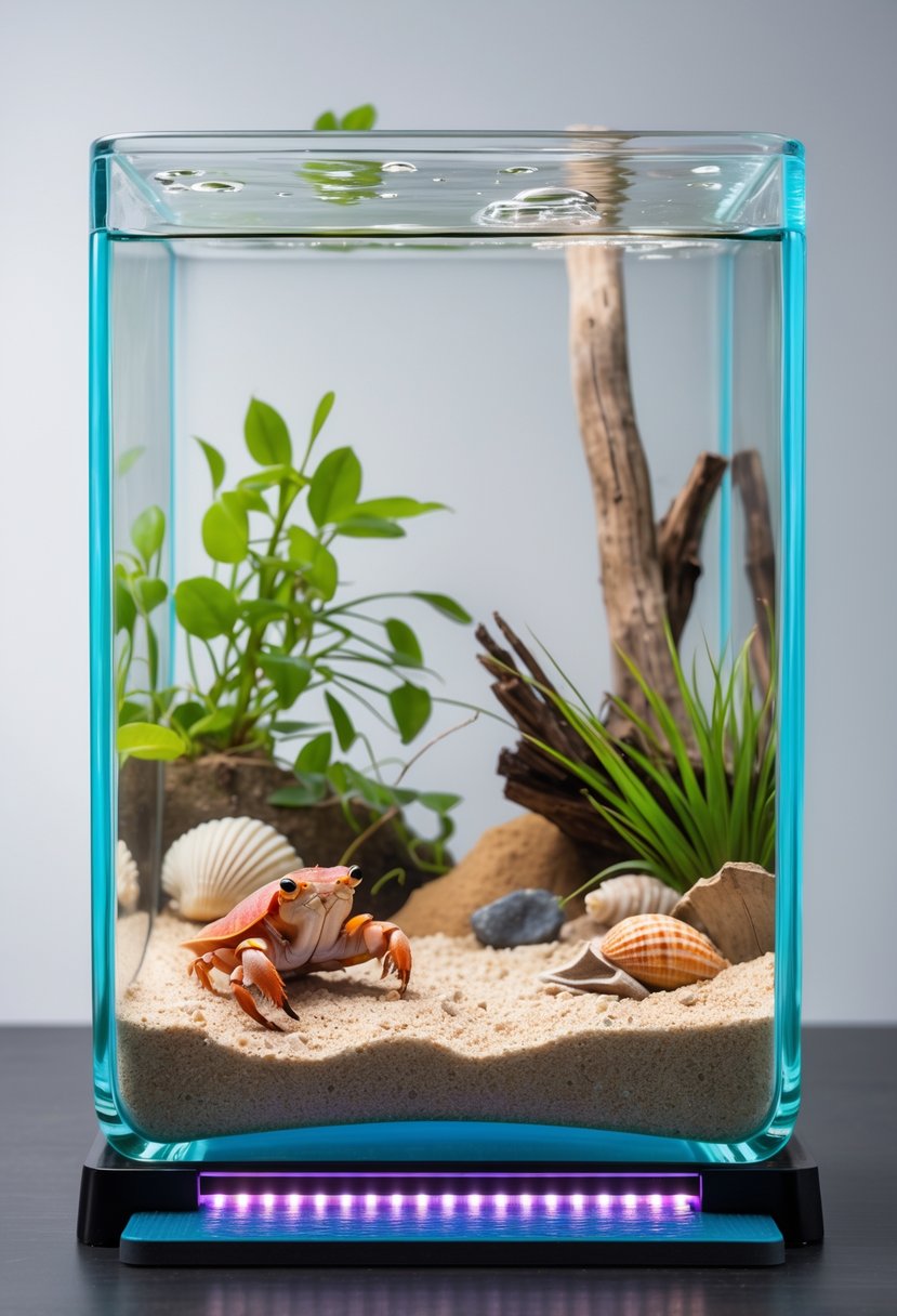 A clear glass tank with a hermit crab habitat including sand, shells, and plants, with a heat mat placed under one side of the tank.
