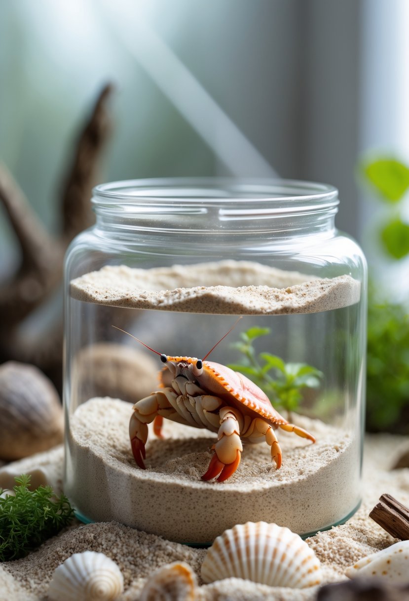 A hermit crab partially buried in untreated sand inside a glass terrarium with seashells and small plants.