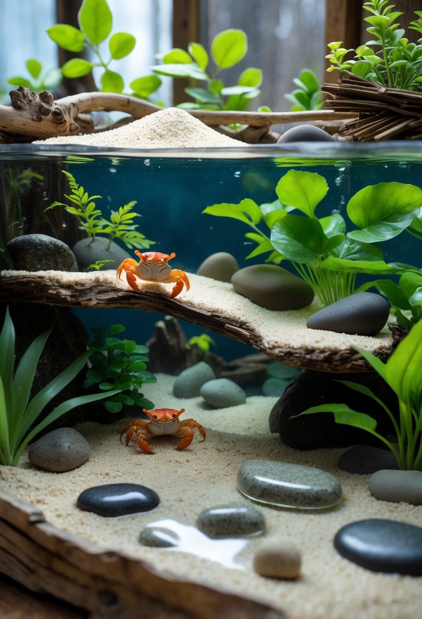 A hermit crab habitat with separate land and water areas featuring sand, plants, rocks, and clear shallow water inside a terrarium.