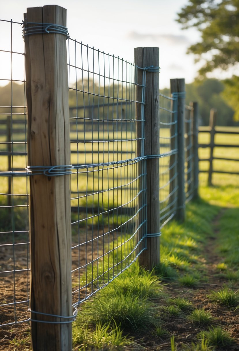 Welded wire fence panels attached to wooden posts forming a simple horse shelter in a rural outdoor setting.
