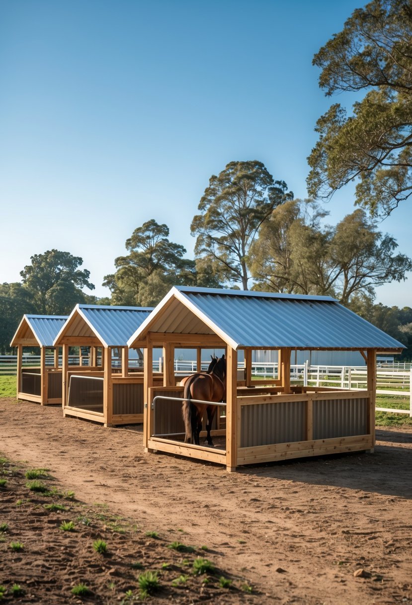 Several portable run-in sheds with metal roofs in a rural setting providing shelter for horses under a clear sky.