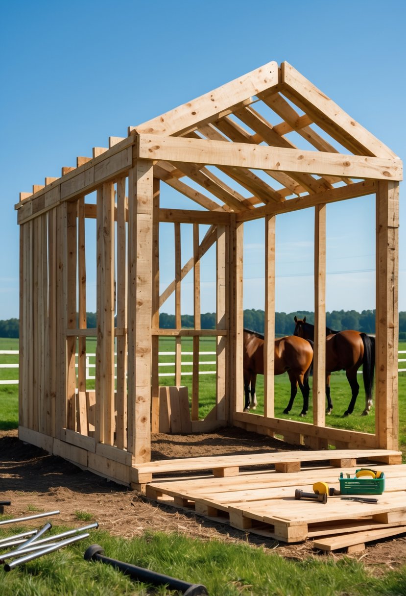 A wooden pallet barn under construction with horses nearby in a grassy outdoor setting.