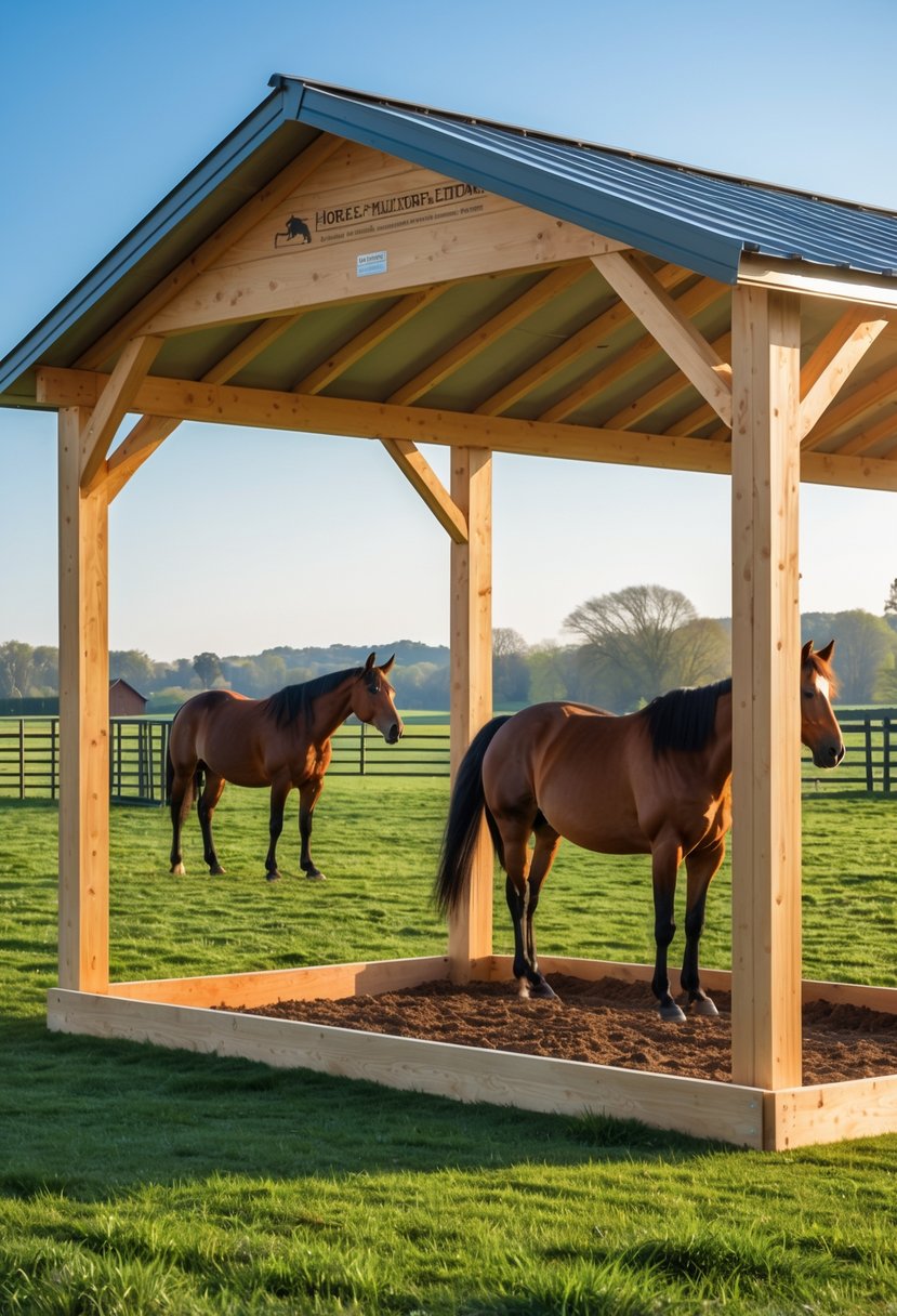 A wooden post frame loafing shed in a green pasture with horses nearby under a clear blue sky.