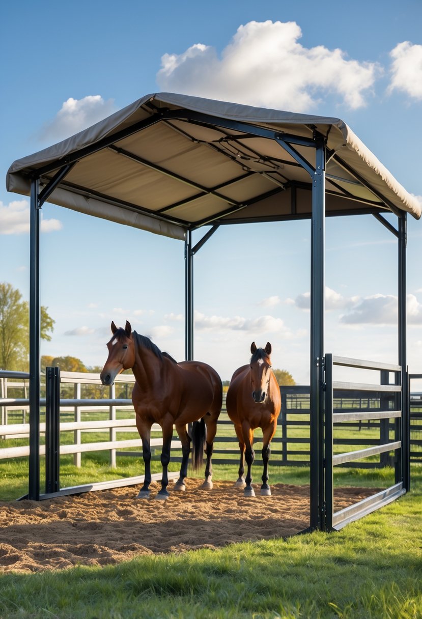 A 12x12 portable horse shelter with two horses standing underneath in a grassy fenced pasture on a clear day.