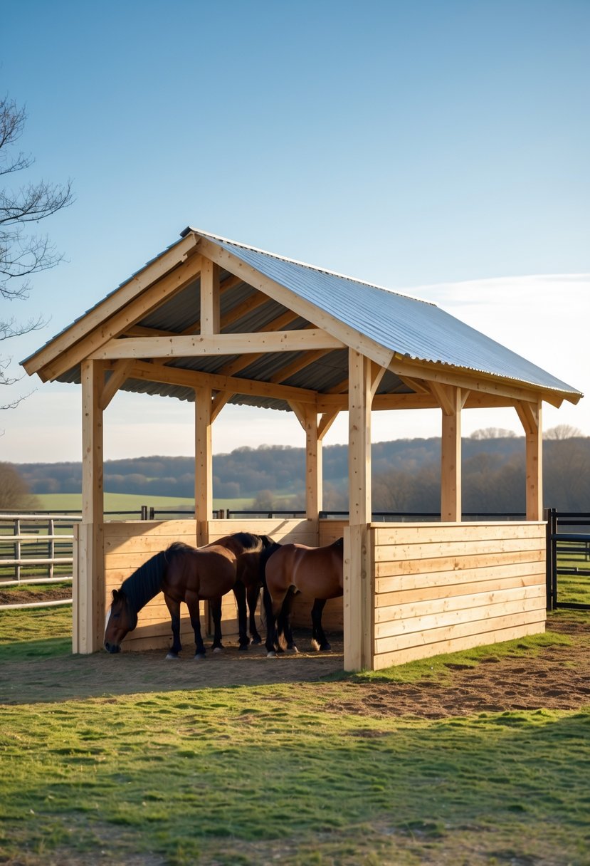 A simple three-sided wooden horse shelter in a grassy pasture with horses nearby and trees in the background.