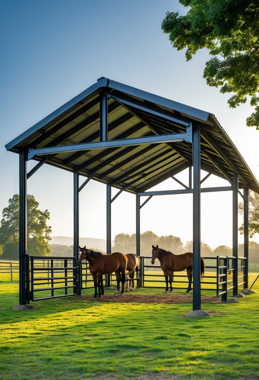 A steel framed horse run-in shelter in a grassy pasture with several horses standing inside and around it under a clear sky.