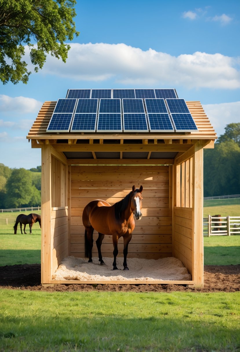 A wooden horse shelter with solar panels on the roof and a horse standing inside, surrounded by green pastures and trees under a blue sky.