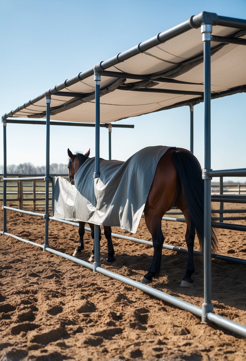 A basic tarp and pipe frame shelter providing shade for horses in an outdoor rural setting.