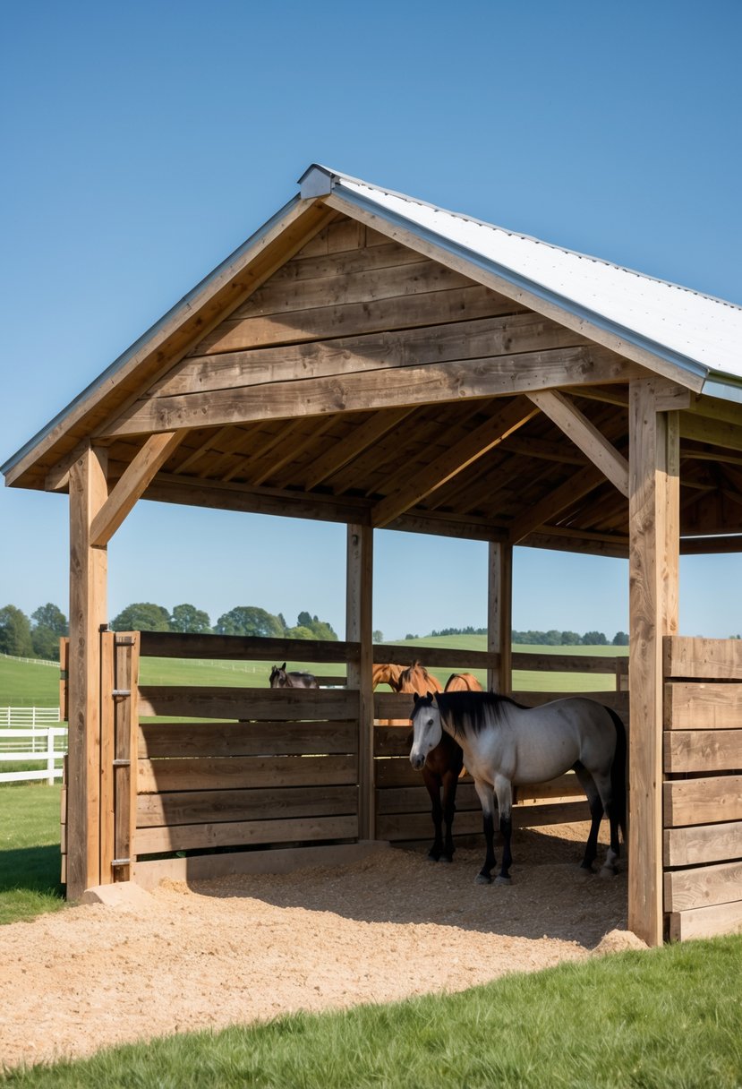 A half barn horse shelter made of reclaimed wood with horses standing nearby in a grassy farm setting.