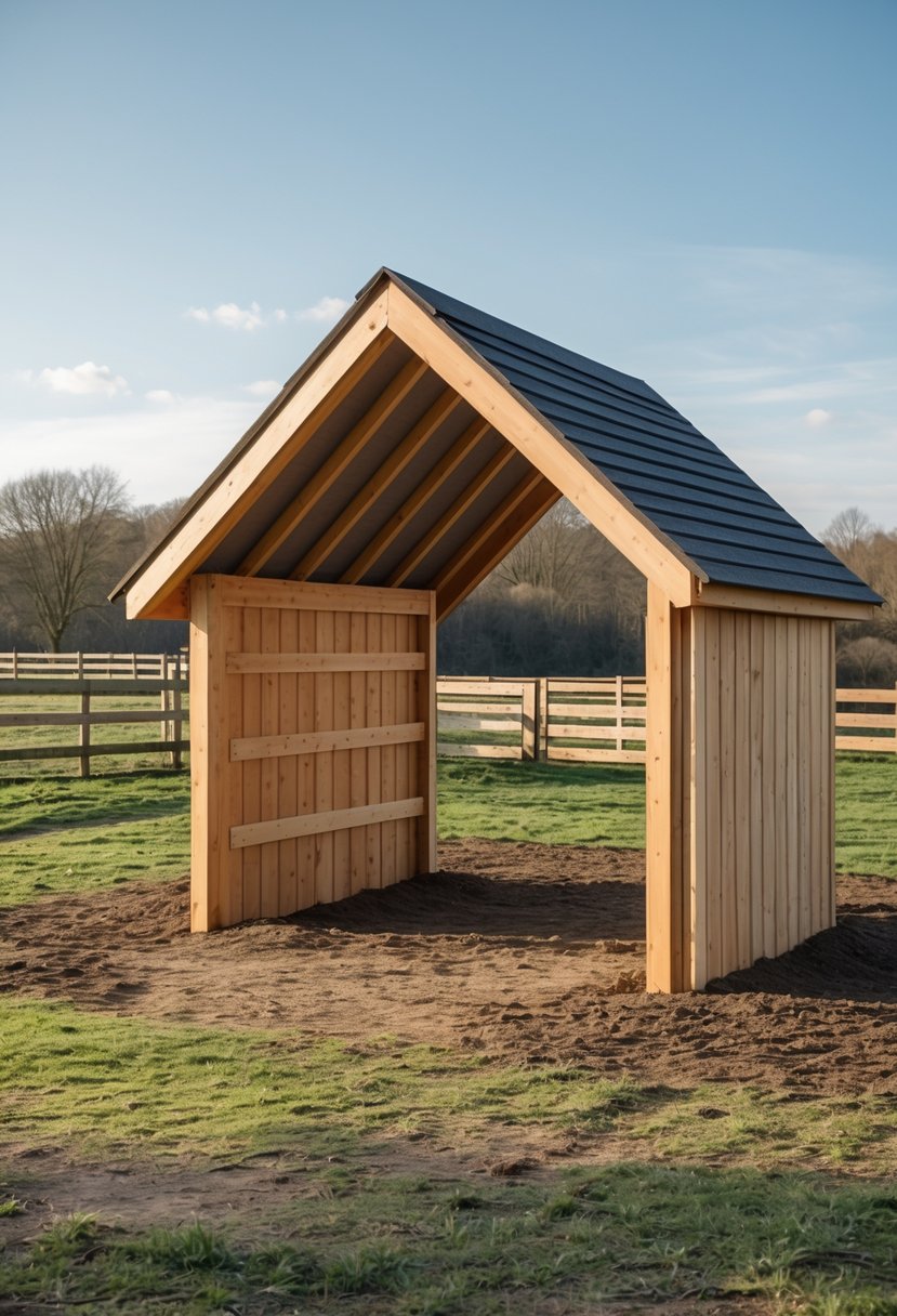 Small wooden A-frame shelter for horses in a grassy fenced field with trees in the background.