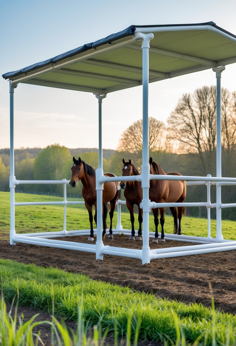 An open front PVC pipe horse shelter with horses standing inside, set outdoors with grass and trees in the background.