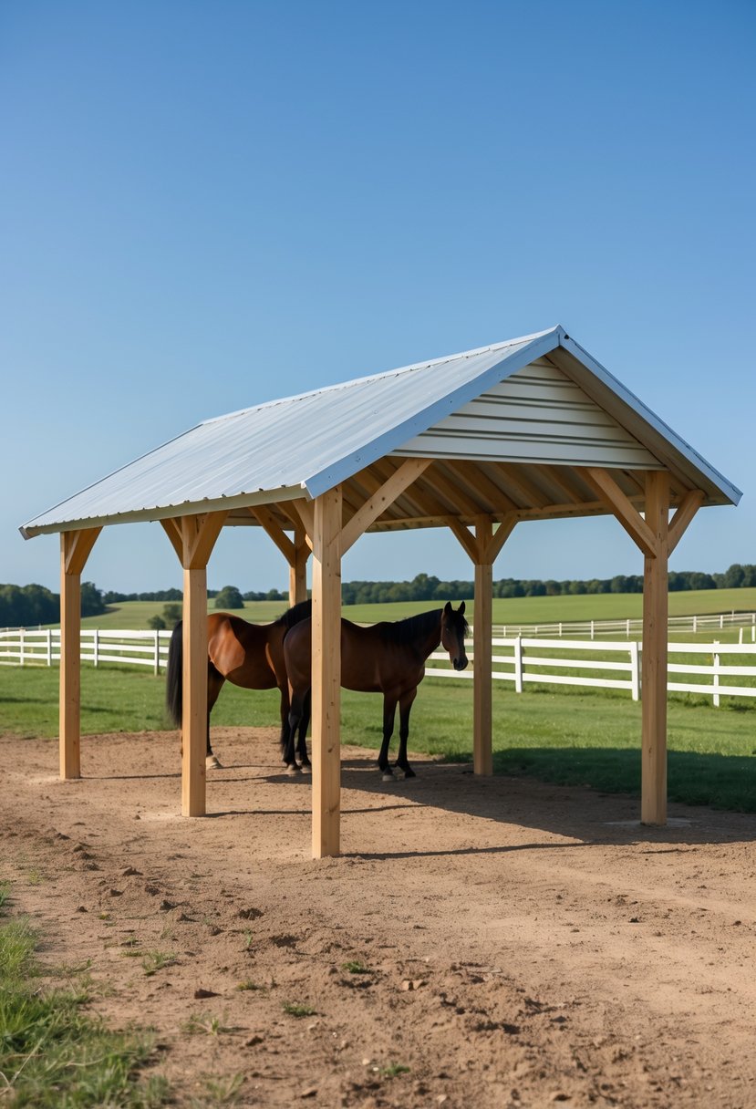 A simple solid roof horse shelter with two horses standing underneath in a fenced pasture on a sunny day.