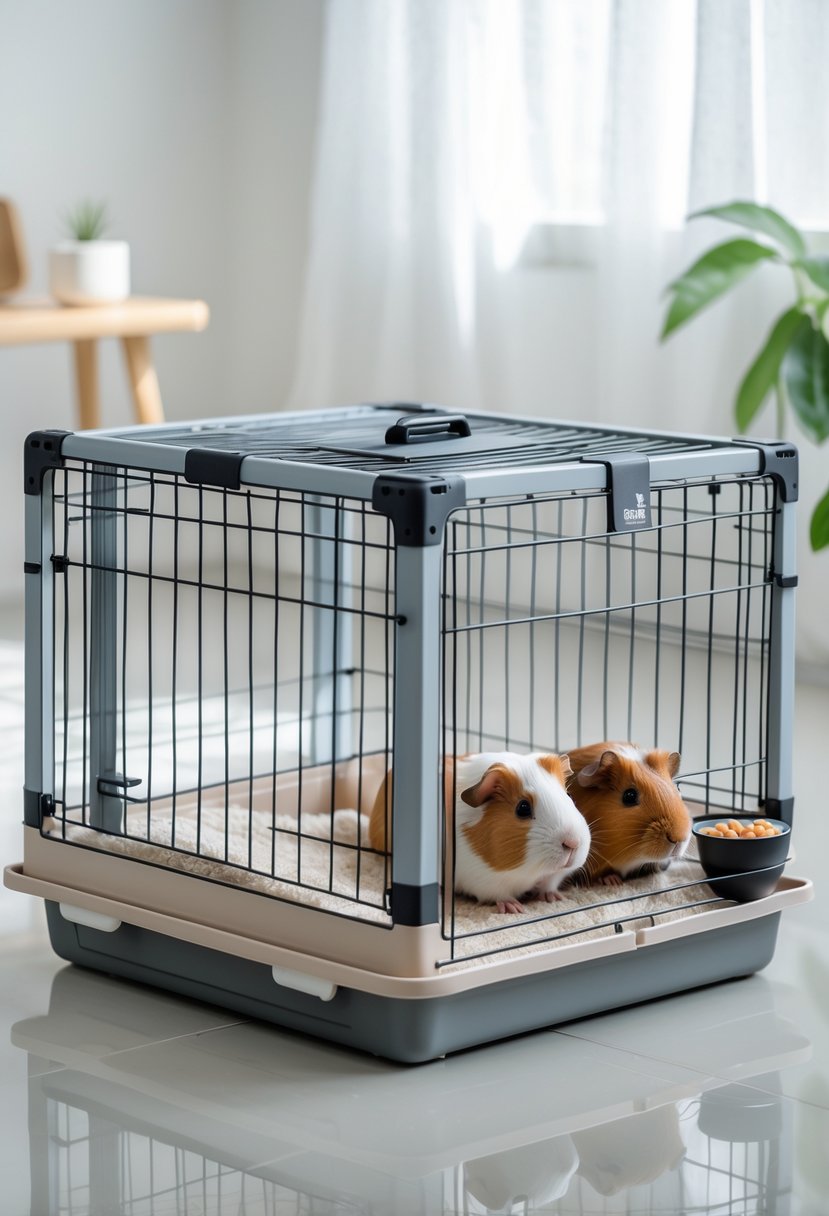 A portable travel cage for guinea pigs with detachable trays, containing two guinea pigs resting inside on soft bedding.
