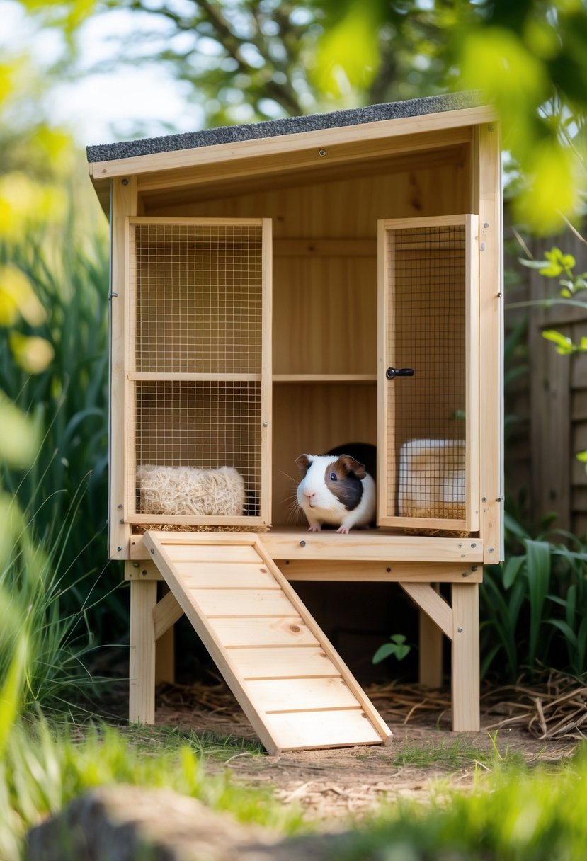 An elevated wooden guinea pig hutch with a ramp, set outdoors on grass with greenery in the background.