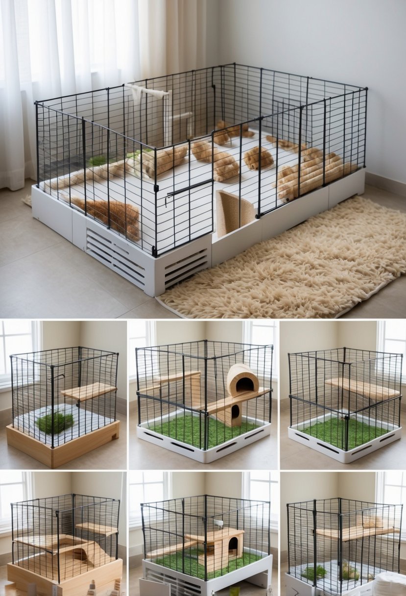A modular grid system cage for guinea pigs with multiple connected sections, bedding, tunnels, ramps, and hideouts arranged in different layouts.