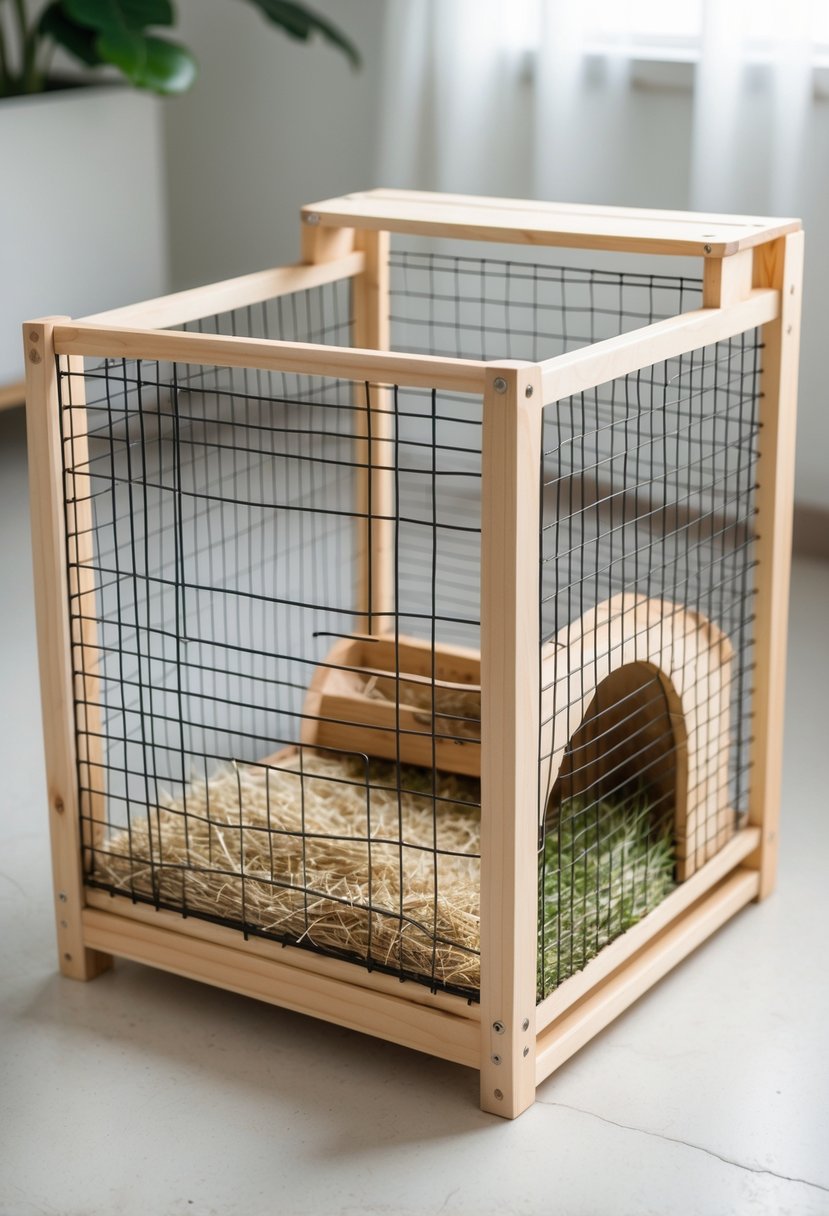 A simple wooden frame guinea pig cage with wire mesh sides containing bedding, a hideout, hay, and a water bottle.