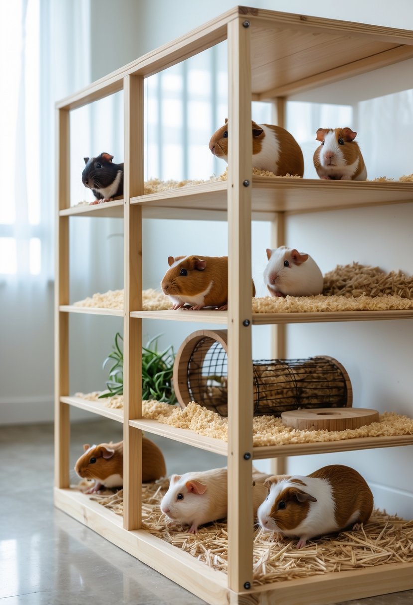 A repurposed shelving unit converted into a secure multi-level guinea pig cage with clear panels and natural bedding, housing several guinea pigs inside.